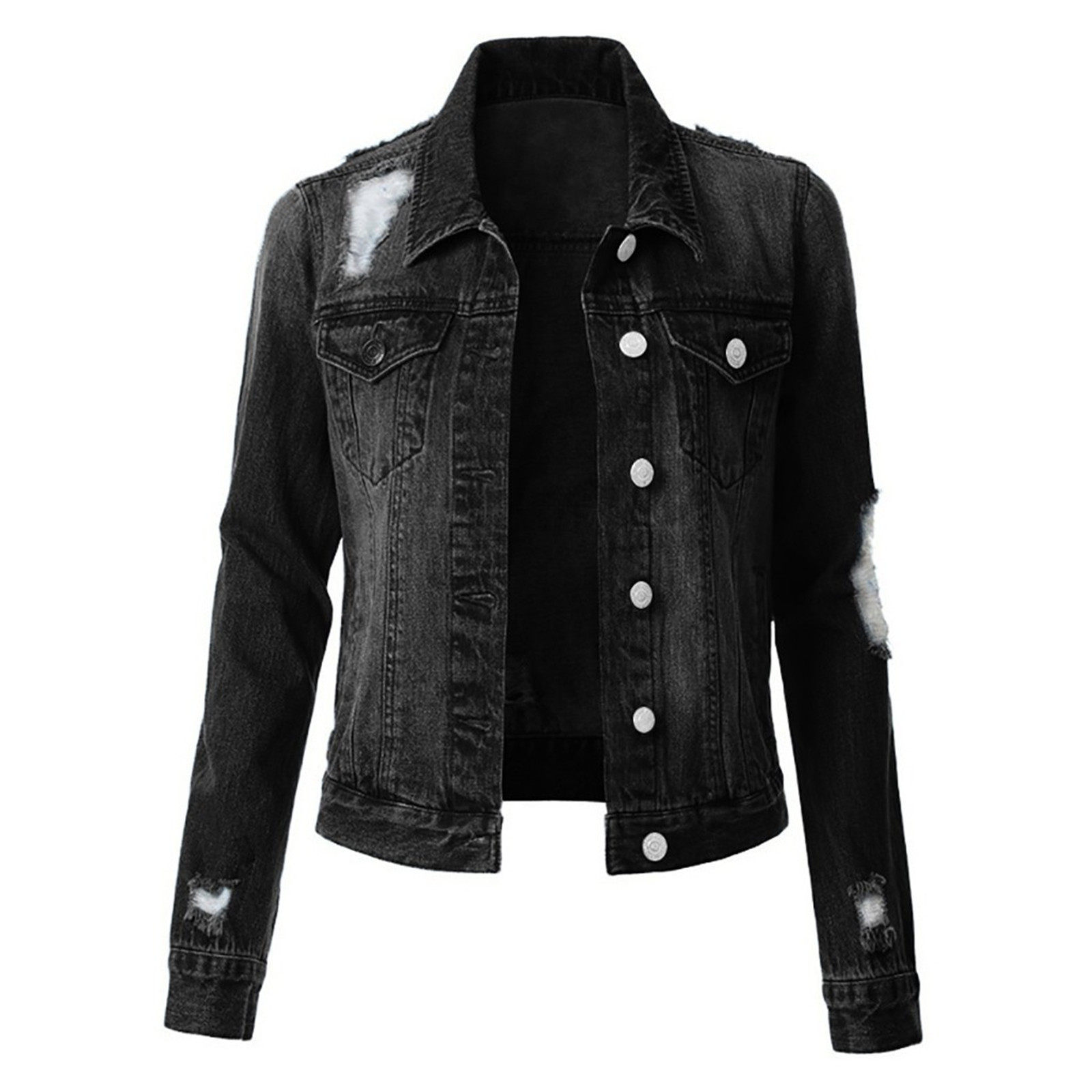 Coat Women Casual Denim Jacket Jean Coat Bead Outwear Overcoat Black L